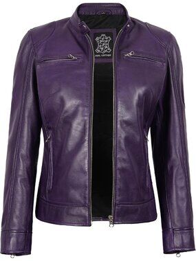 Women’s Purple Genuine Lambskin Leather Cafe Racer Motorcycle Jacket